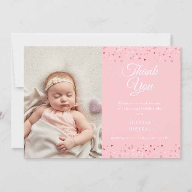 Baby Girl Script Thank You Love Hearts Photo Birth Announcement (Front)