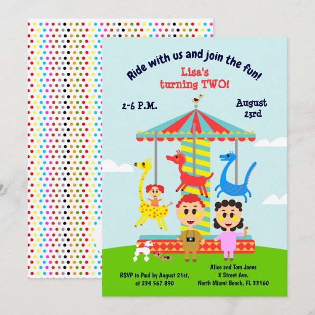 Baby girl second birthday merry-go-round party  in invitation (Front/Back)
