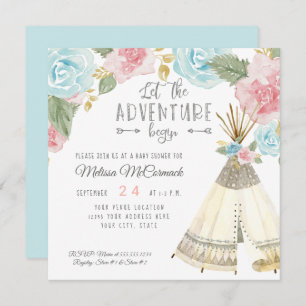 Baby Girl Shower Adventure Begin Teepee Pastel Invitation