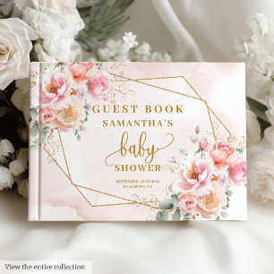 Baby girl shower blush pink floral gold guest book
