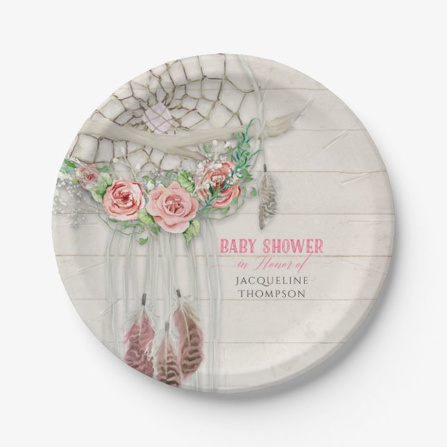 Baby Girl Shower BOHO Floral Dream Catcher Feather Paper Plate (Front)