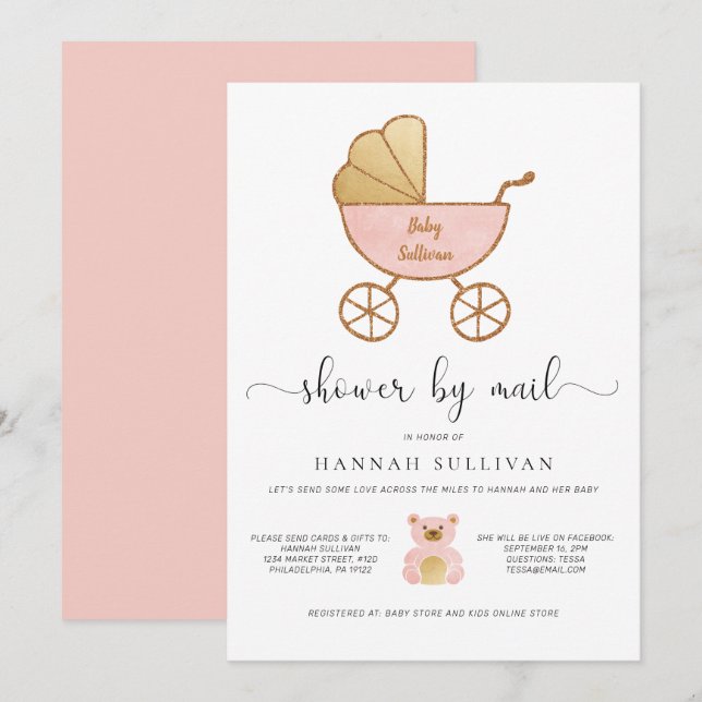 Baby Girl Shower by Mail Retro Carriage Pink Gold Invitation (Front/Back)
