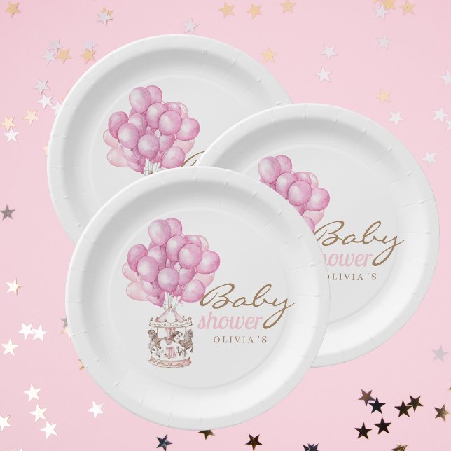  Baby Girl Shower Cute Balloon Carrousel Stylish Paper Plate (Creator Uploaded)