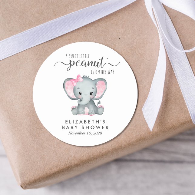 Baby Girl Shower Cute Elephant Classic Round Sticker (Creator Uploaded)