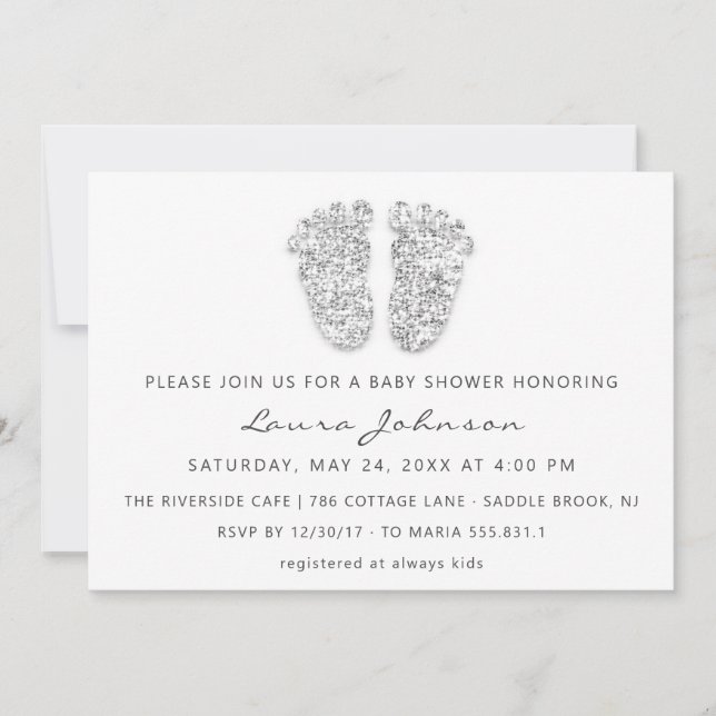Baby Girl Shower Feet Glitter White Grey Photo Invitation (Front)