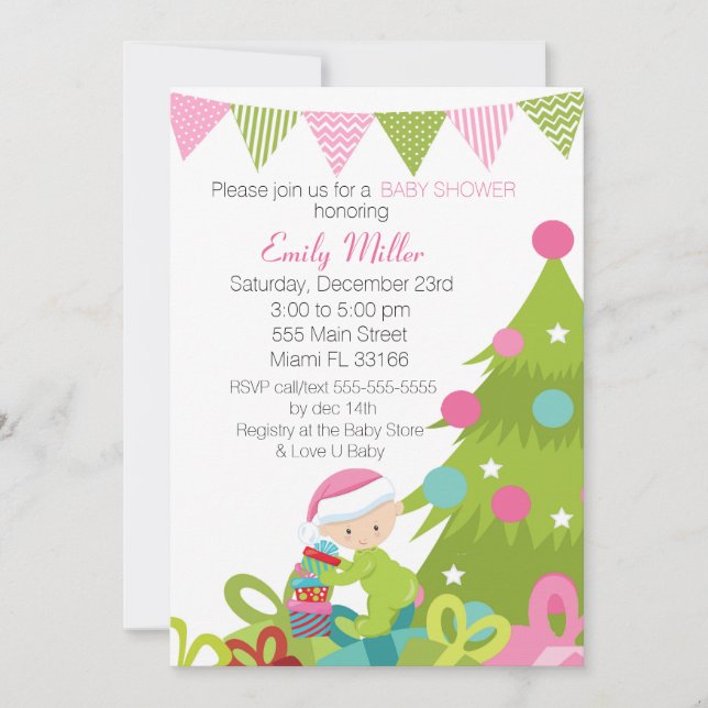 Baby Girl Shower Invitation Christmas Tree (Front)