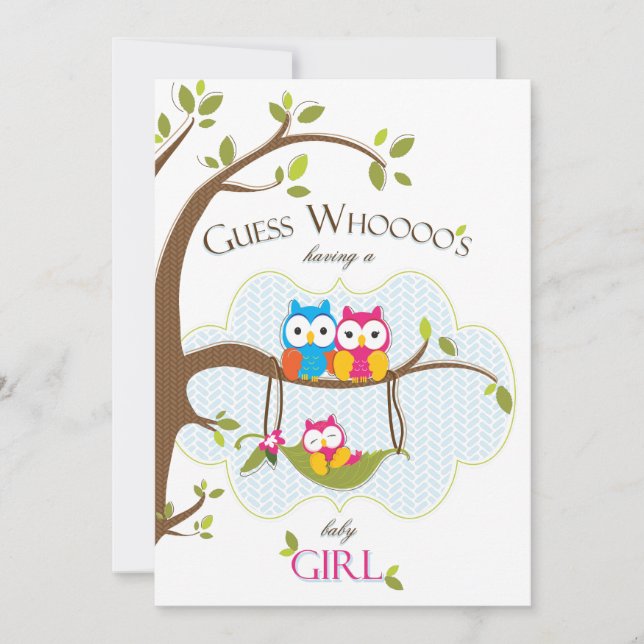 Baby Girl Shower Invitation - Owl Family (Front)