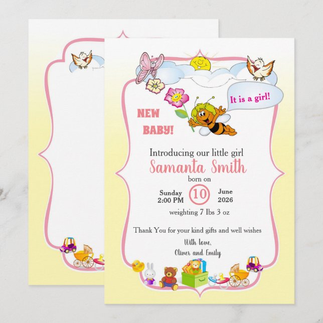 baby girl shower invitation with a cute bee (Front/Back)