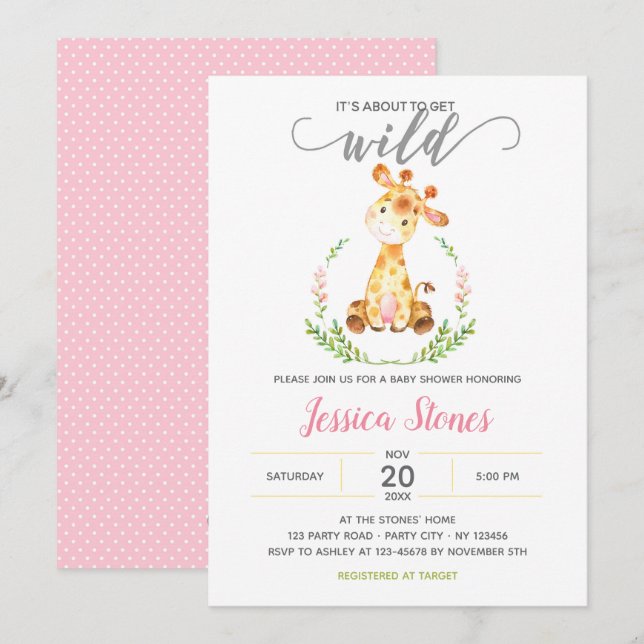 Baby Girl Shower Invitations Giraffe Jungle Animal (Front/Back)