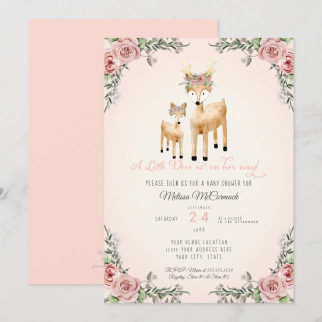Baby Girl Shower Little Deer Antler Roses Floral Invitation (Front/Back)