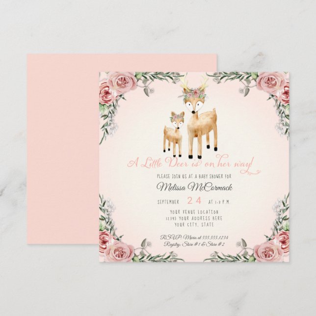 Baby Girl Shower Little Deer Antler Roses Square Invitation (Front/Back)