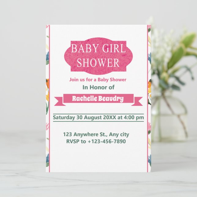 Baby Girl Shower Little wildflower Watercolor Invitation (Standing Front)
