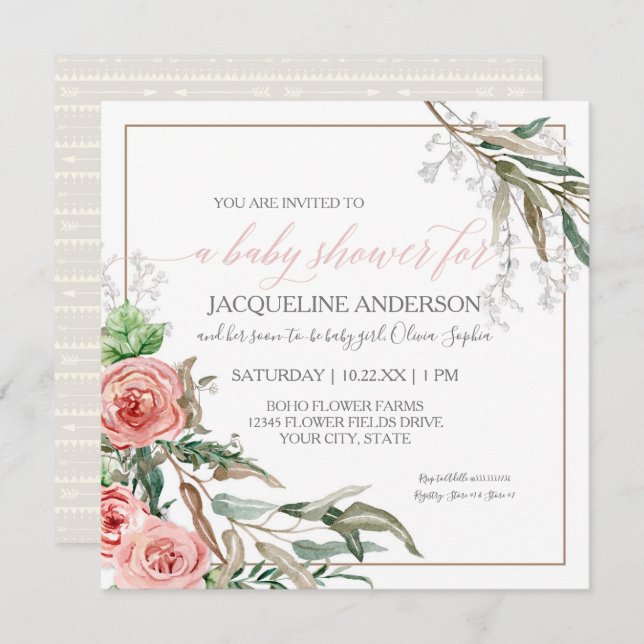 Baby Girl Shower Modern BOHO Arrows Watercolor Invitation (Front/Back)