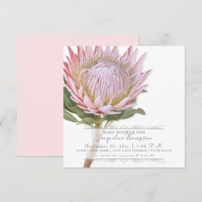 Baby Girl Shower Modern Elegant King Protea Flower Invitation (Front/Back)