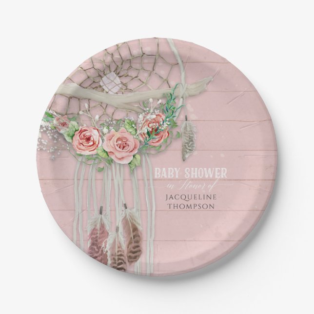 Baby Girl Shower Modern Floral Hot Pink Peach Rose Paper Plate (Front)