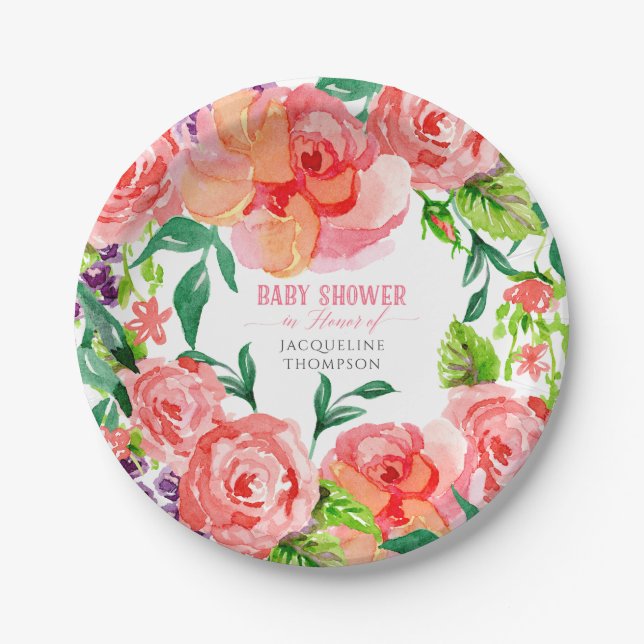 Baby Girl Shower Modern Floral Hot Pink Peach Rose Paper Plate (Front)