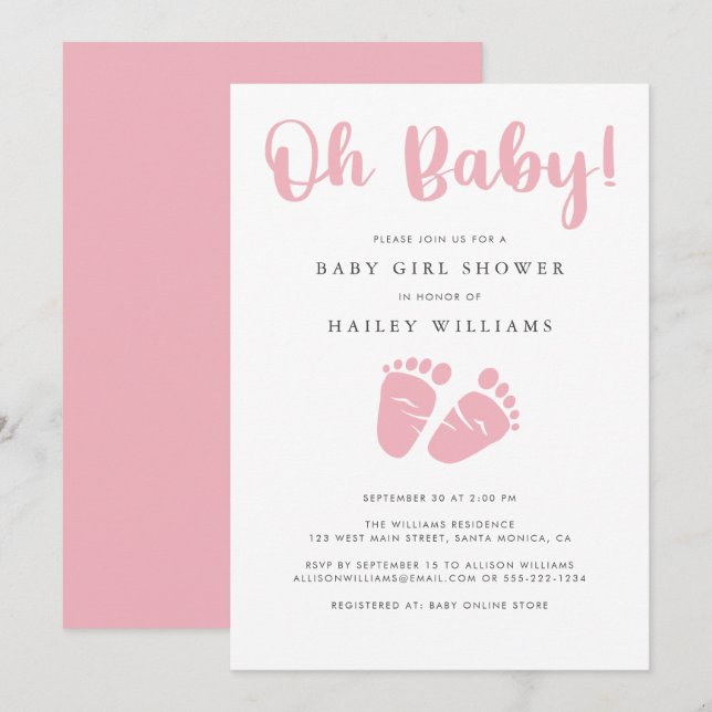 Baby Girl Shower | Oh Baby Pink Baby Feet Invitation (Front/Back)
