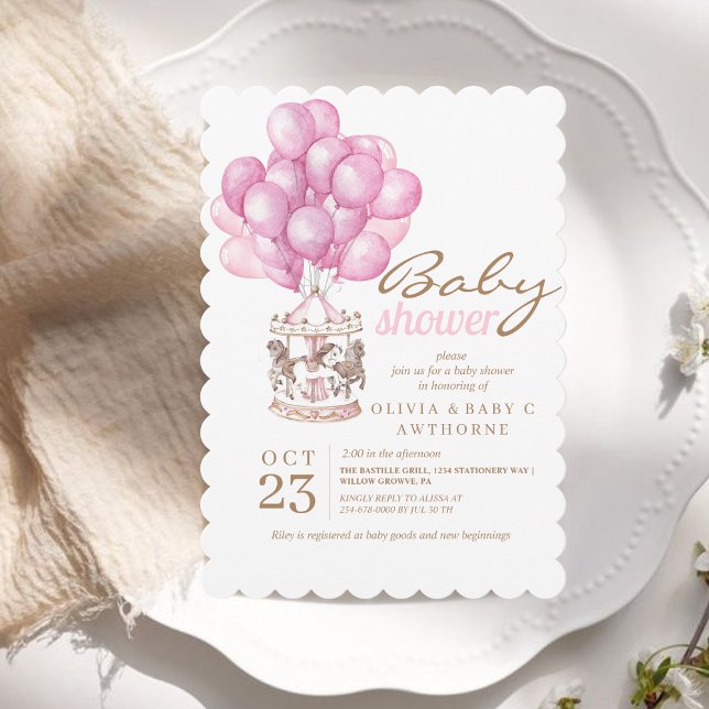 Baby Girl  Shower Pink Balloon Cute Invitation (Creator Uploaded)