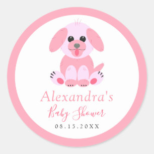 Baby Girl Shower Pink Personalised Puppy Classic Round Sticker