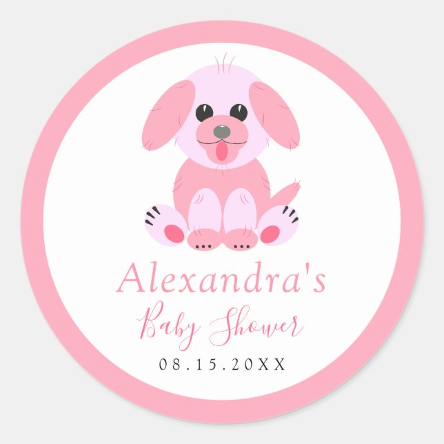 Baby Girl Shower Pink Personalised Puppy Classic Round Sticker (Front)