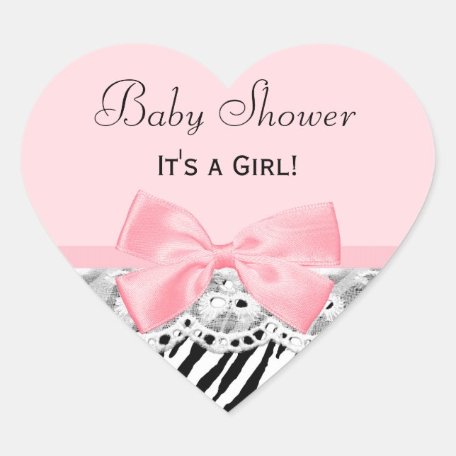 Baby Girl Shower Pink Ribbon and Lace Zebra Print Heart Sticker (Front)