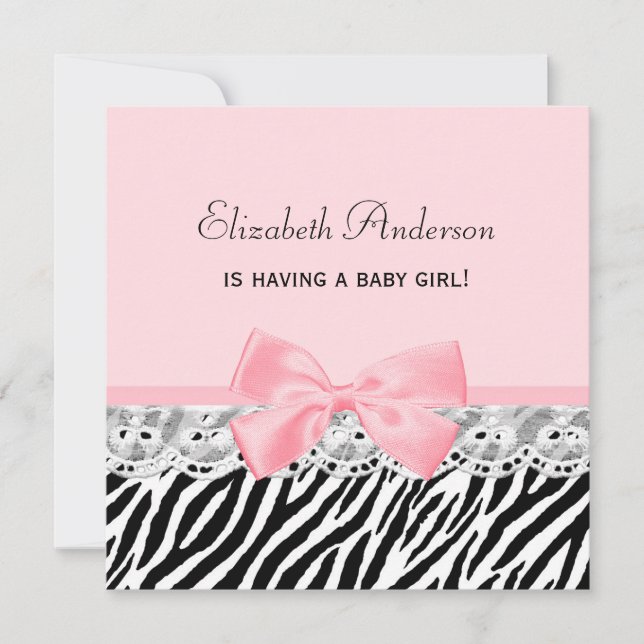 Baby Girl Shower Pink Ribbon and Lace Zebra Print Invitation (Front)