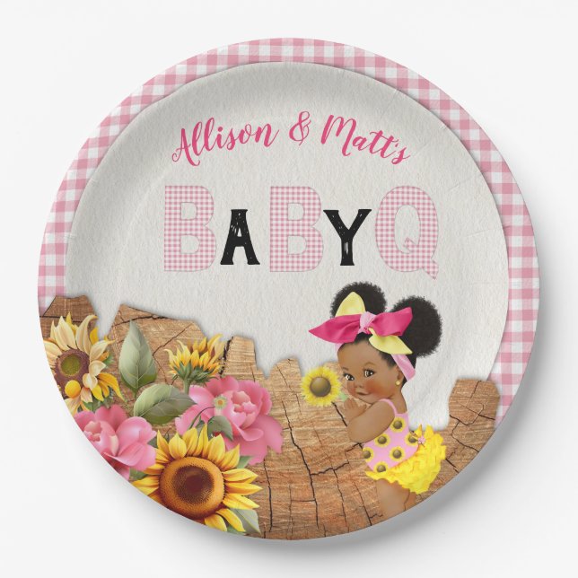 Baby Girl Shower Pink Sunflower Baby Q Barbeque Paper Plate (Front)