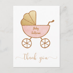 Baby Girl Shower Retro Carriage Pink Thank You Postcard