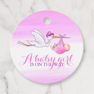 Baby girl shower stork pink watercolor thank you favour tags