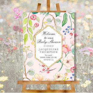 Baby Girl Shower Welcome Pastel Floral Hexagon Poster