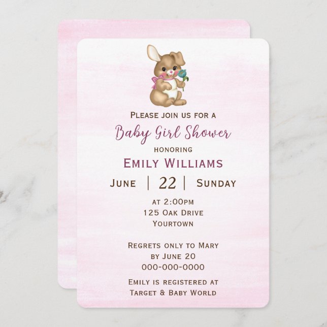 Baby Girl Shower With Bunny Invitation (Front/Back)