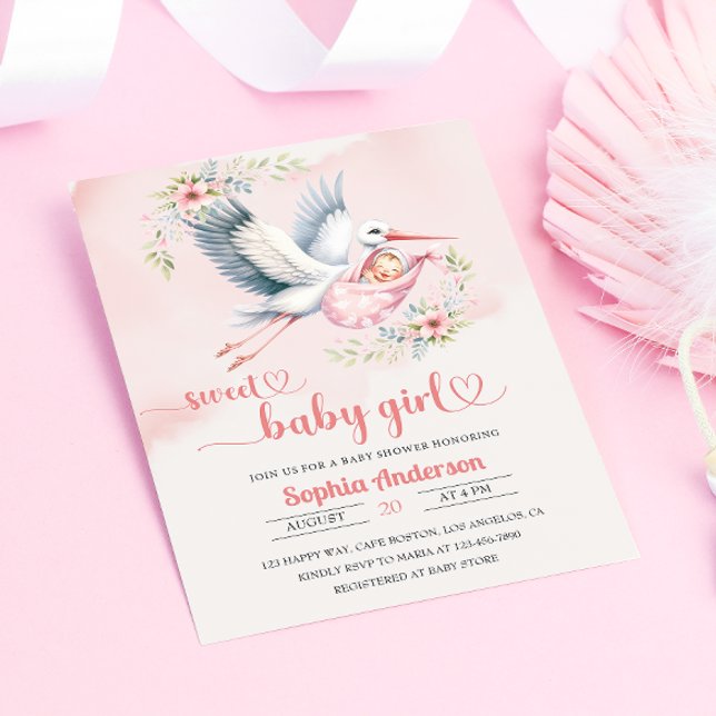 Baby Girl Shower with Stork Illustration – Elegant Invitation (Creator Uploaded)