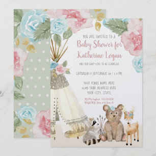 Baby Girl Shower Woodland Animal Floral Teepee Invitation
