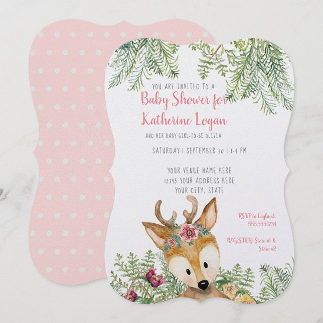 Baby Girl Shower Woodland Animals Boho Deer Floral Invitation (Front/Back)
