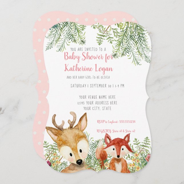 Baby Girl Shower Woodland Animals Boho Deer n Fox Invitation (Front/Back)