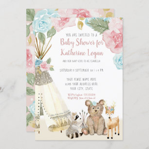 Baby Girl Shower Woodland Bear Deer Floral Teepee Invitation
