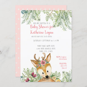 Baby Girl Shower Woodland Forest Boho Deer Floral Invitation