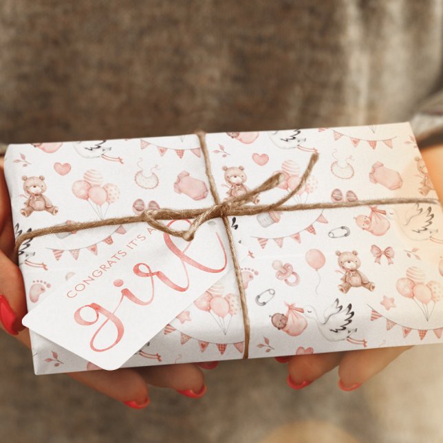 Baby Girl Shower Wrapping Paper (Celebrate a new baby girl with this adorable watercolor bear and stork wrapping paper! )