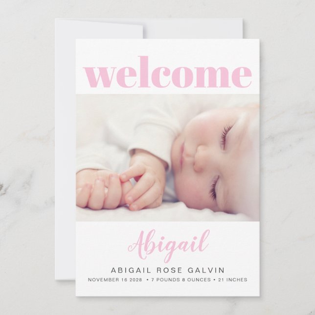 Baby Girl Simple Modern Multi Photo Pink Birth Announcement (Front)