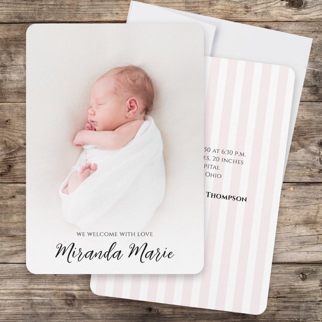 Baby Girl Simple Overlay Text Elegant Typography  (Baby birth announcement photo card with pink stripes. )