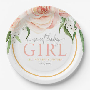 Baby Girl Soft Pink Rose Garden Baby Shower Paper Plate