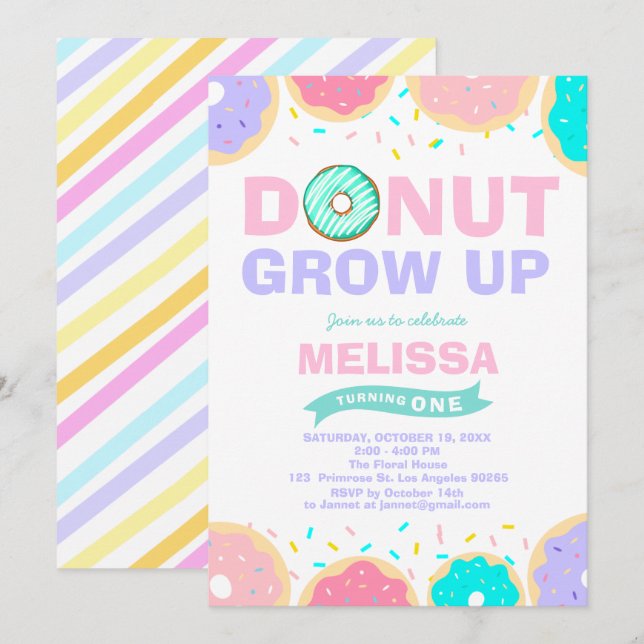 Baby Girl Sprinkles Birthday Doughnut Grow Up Part Invitation (Front/Back)