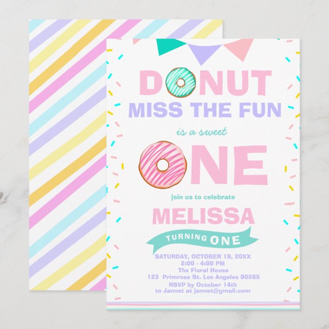 Baby Girl Sprinkles Birthday Doughnut Miss The Fun Invitation (Front/Back)