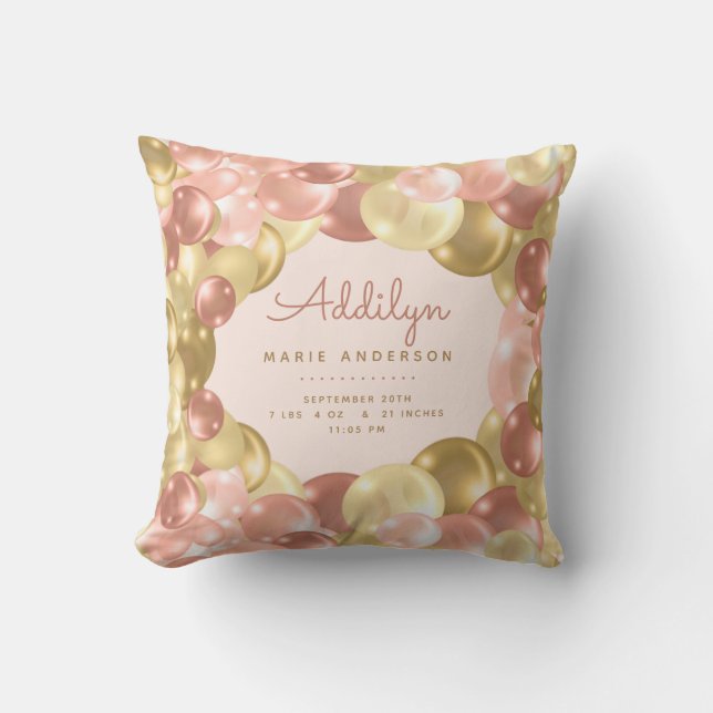 Baby Girl Stats Pink Balloons Cushion (Front)