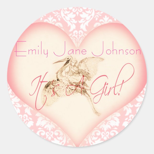 Baby Girl Stickers with vintage Stork (Front)