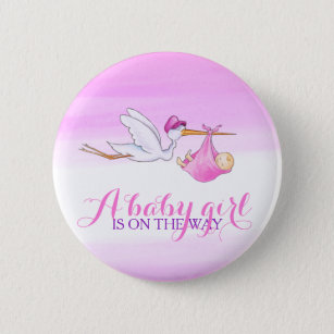 Baby girl stork pink watercolor button badge