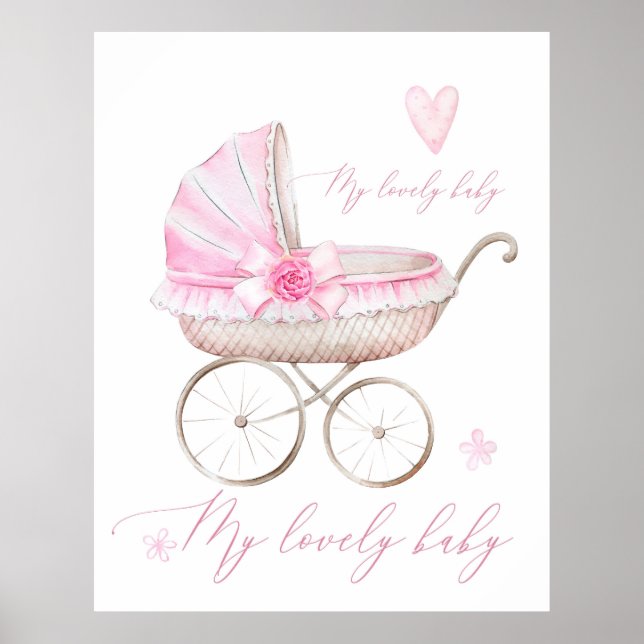 Baby Girl Stroller Newborn Nursery Watercolor Pink Poster (Front)