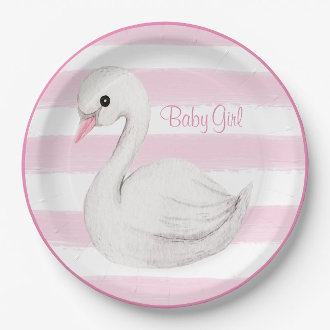 Baby Girl Swan Girly Pink Script Baby Shower Paper Plate (Front)