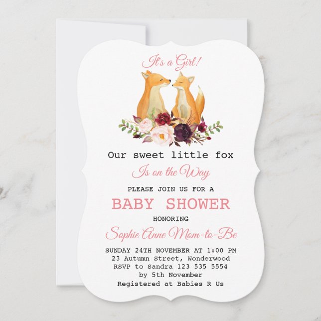 Baby Girl Sweet Fox Woodland Baby Shower Invitation (Front)