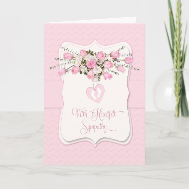 Baby Girl Sympathy in Pink Roses and Tiny Feet Card (Front)